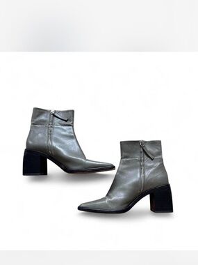 Women's Grey Leather Pointed Ankle Boots with Block Heel